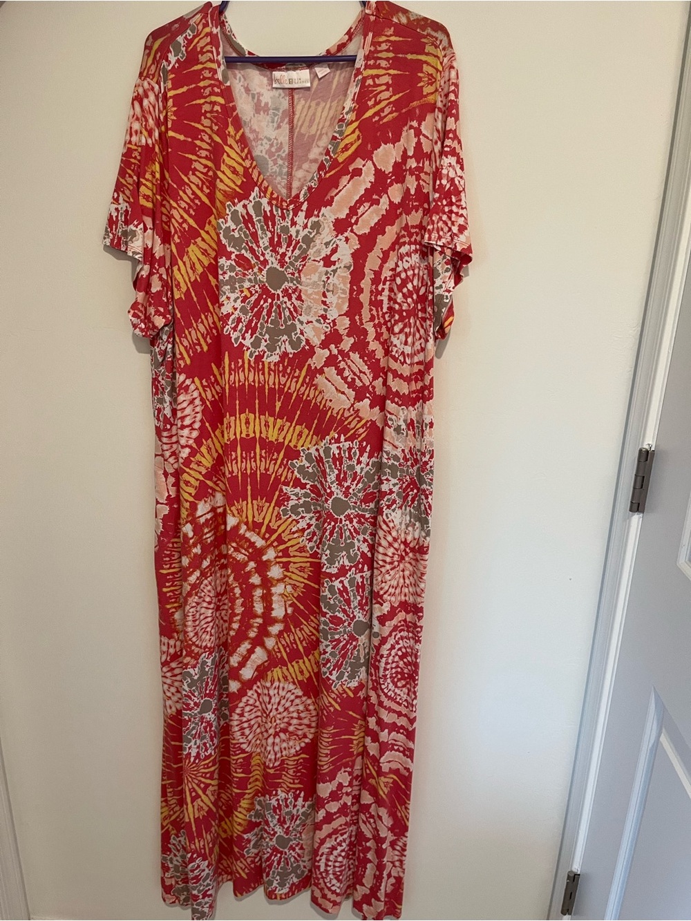 Belle by Kim Gravel Red, Yellow & Gray Tie-Dye V-Neck Maxi Dress